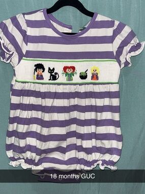 Purple and White Striped Smocked Bubble with Hocus Pocus themed Embroidery